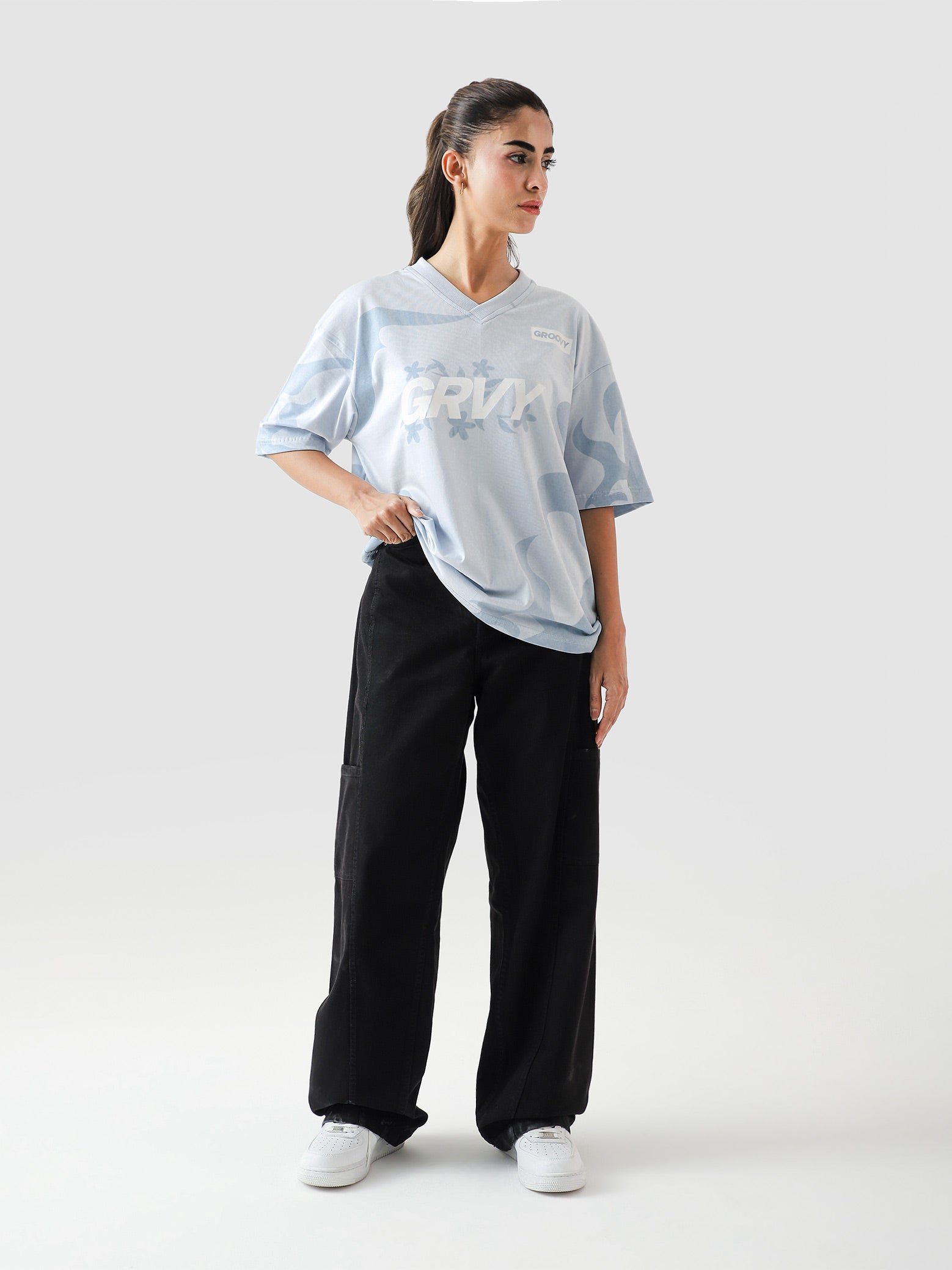 Allover GRVY frost blue tee flat lay allover print oversized Pakistan – GROOVY