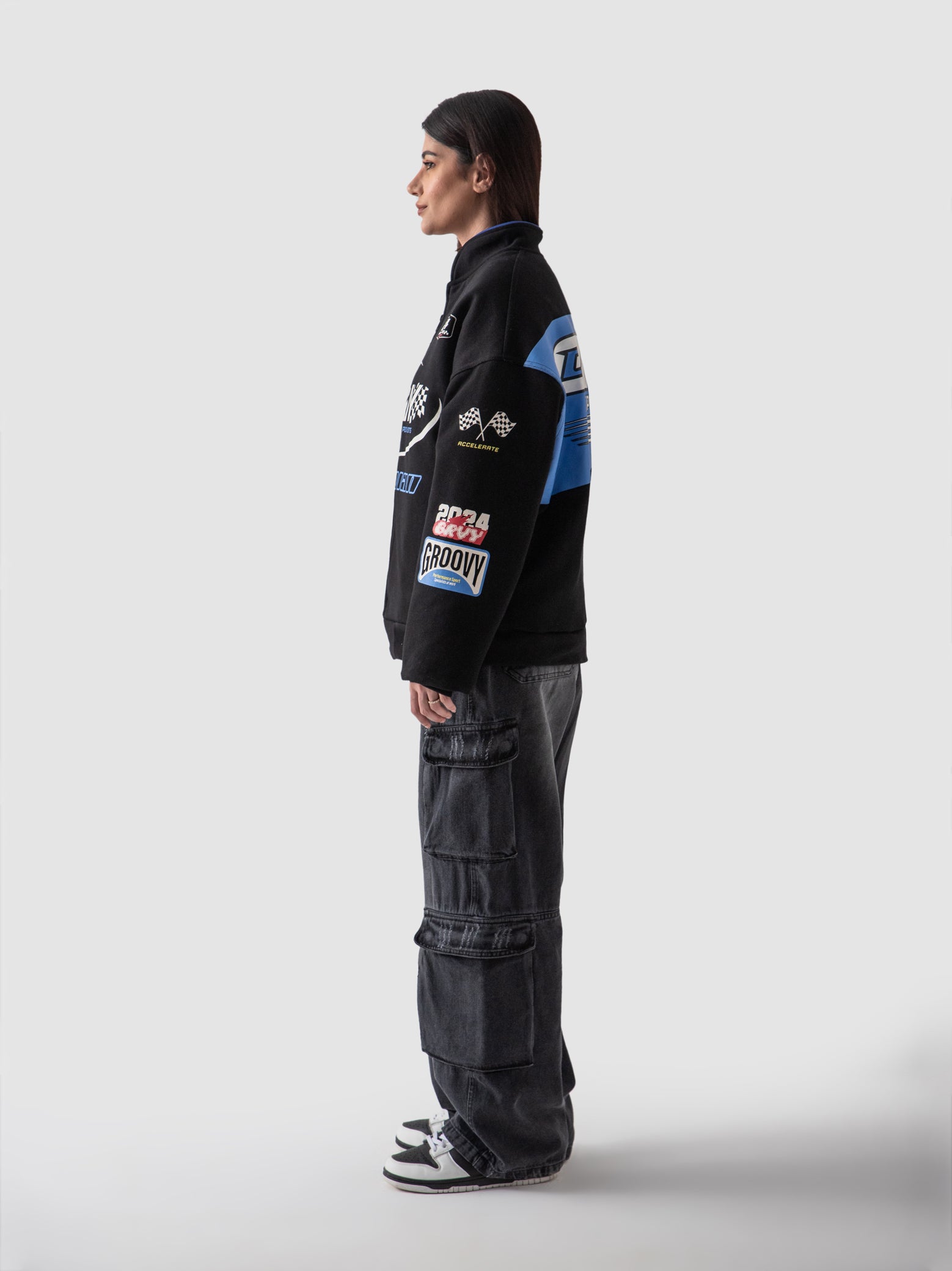 Racer jacket back detail GROOVY logo embroidery fleece Pakistan – GROOVY