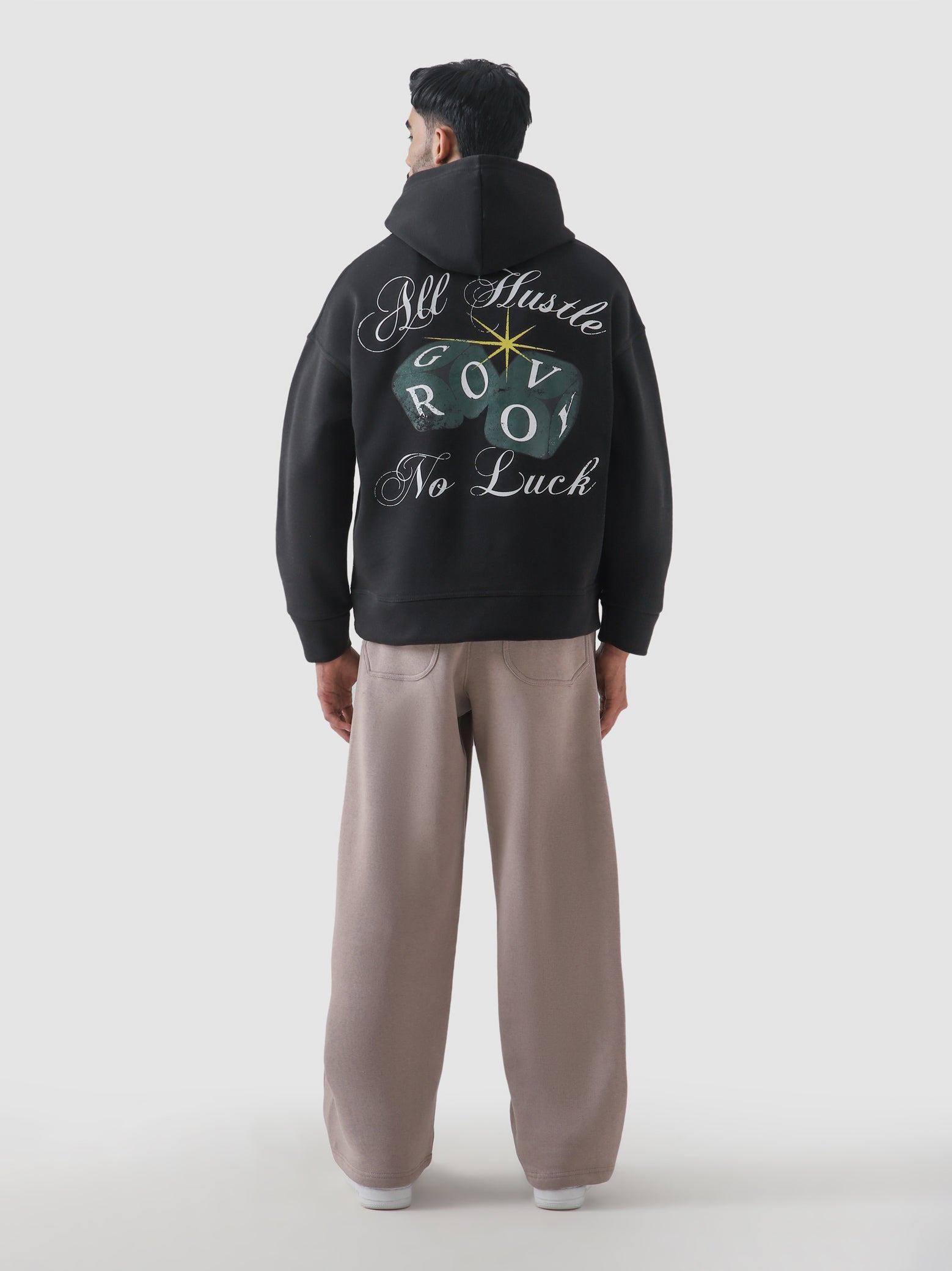 All Hustle No Luck hoodie detail closeup graphic print front Pakistan – GROOVY