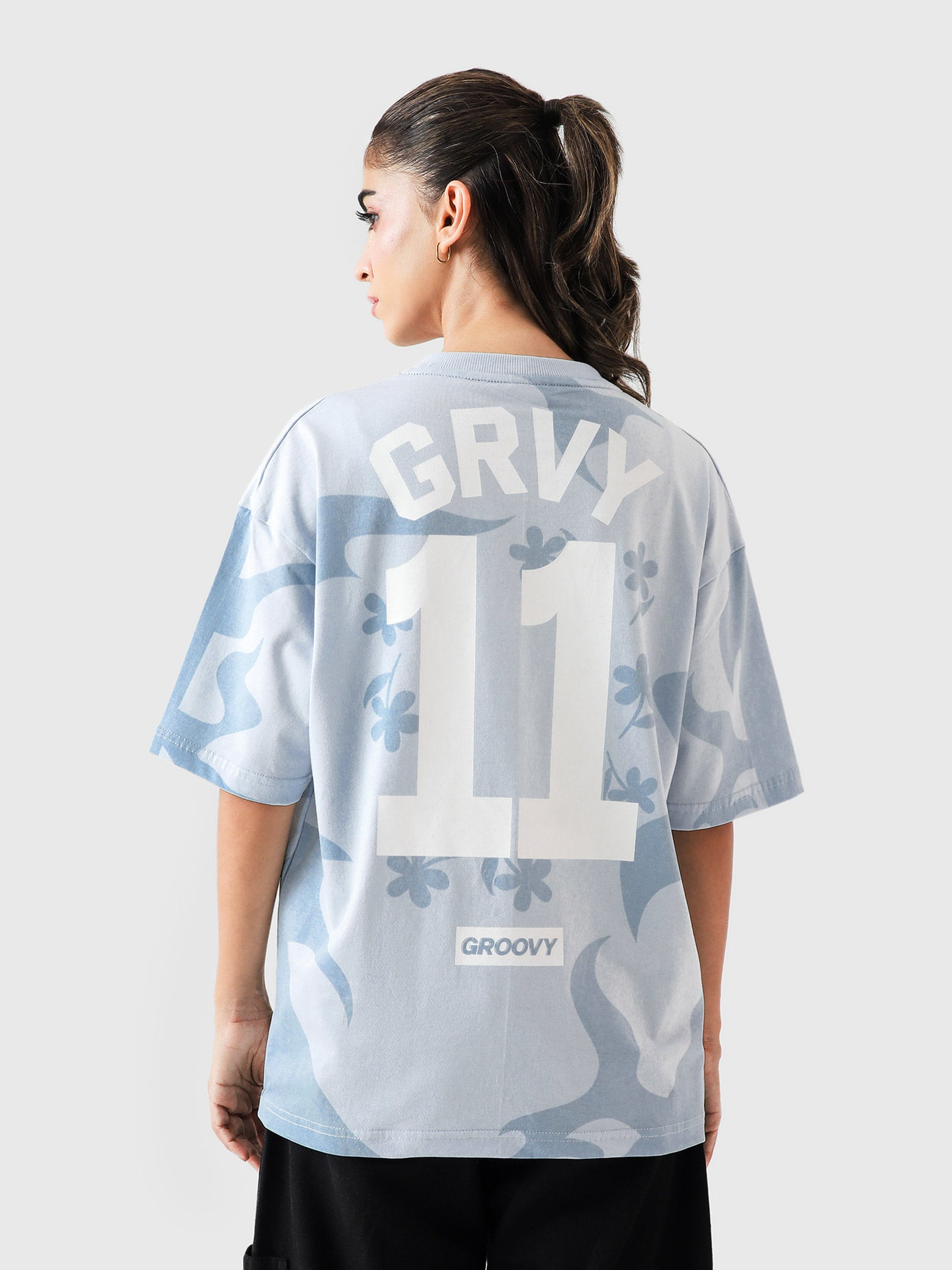 Allover GRVY frost blue tee product detail label back Pakistan – GROOVY