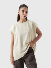 Legacy Club Sando flat lay beige sleeveless graphic top Pakistan – GROOVY