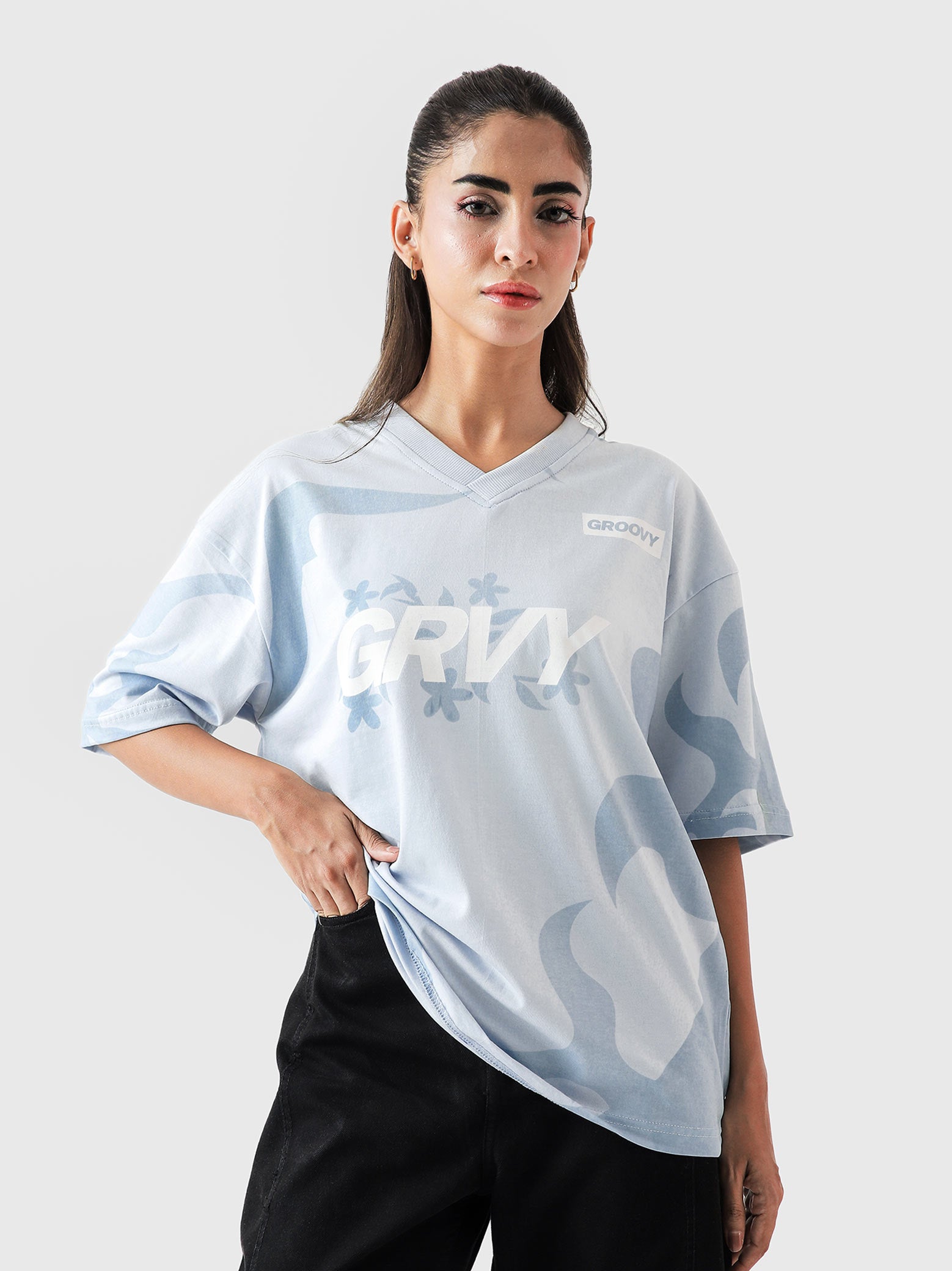 Allover GRVY frost blue tee additional lifestyle angle Pakistan – GROOVY