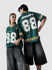 88 Athletics jersey closeup GROOVY 88 graphic gold print mesh fabric Pakistan – GROOVY