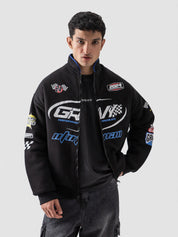 Racer jacket female model front view black moto outerwear oversized Pakistan – GROOVY