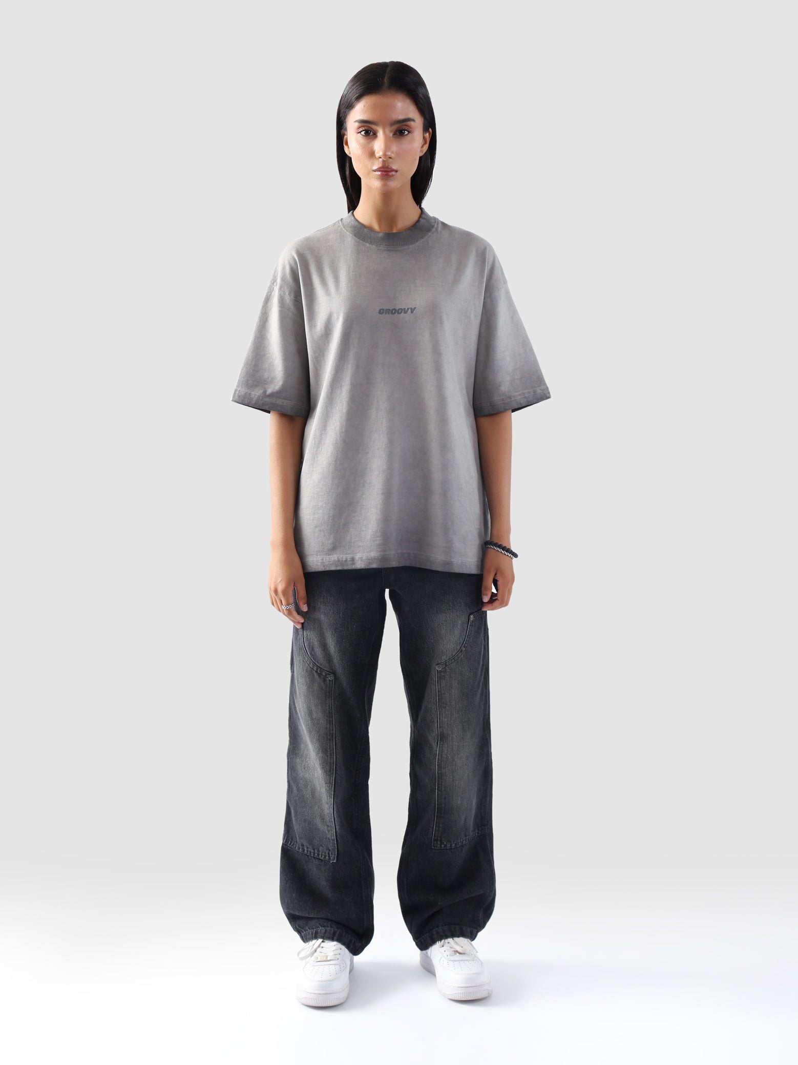 Oil fade blank oversized t-shirt male model full body front view Pakistan – GROOVY