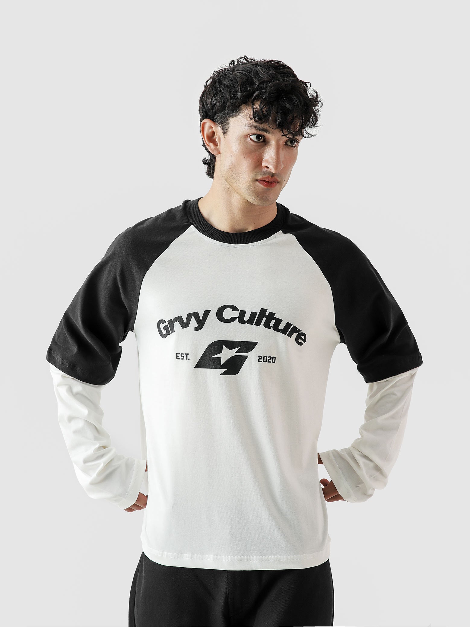 ROLLER TEE black white male model full body front view built-in layering Pakistan – GROOVY