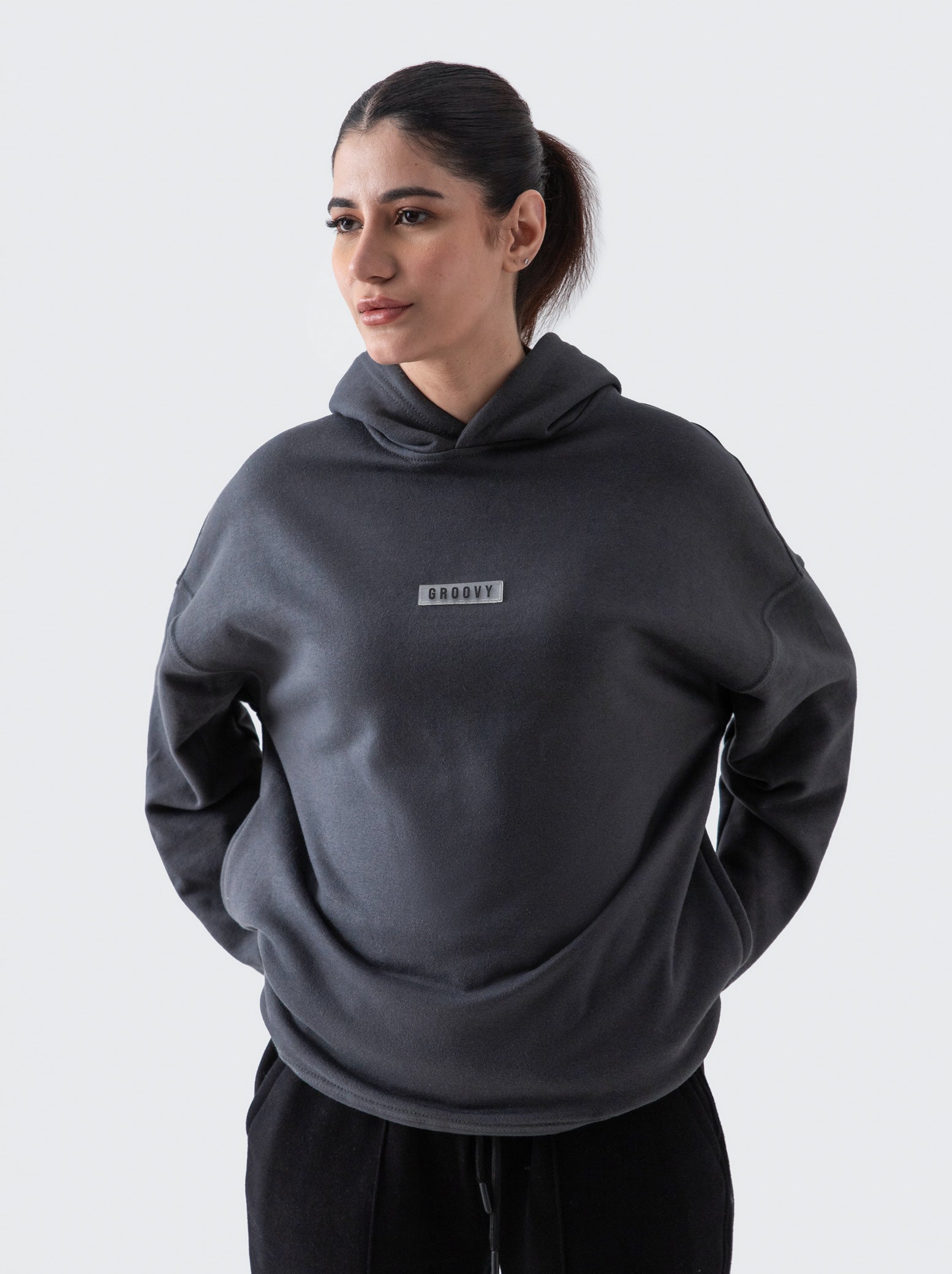 Dark grey oversized hoodie male model front view 330 GSM streetwear Pakistan – GROOVY