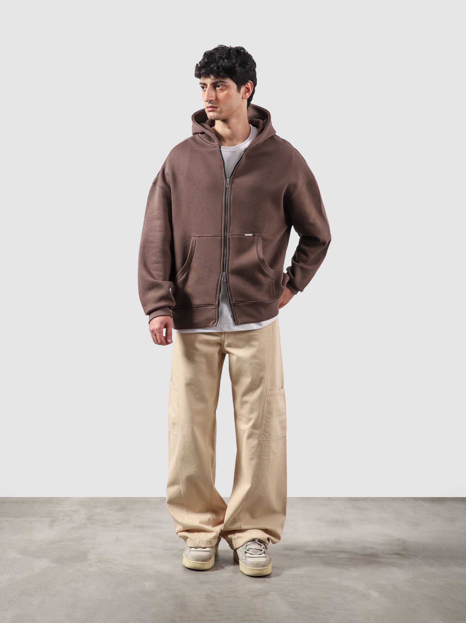 Maple brown essential zipper hoodie male model full body front view Pakistan – GROOVY