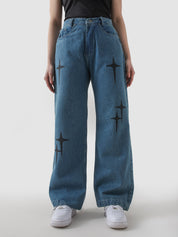 Cross star printed denim blue baggy jeans male model front view Pakistan – GROOVY