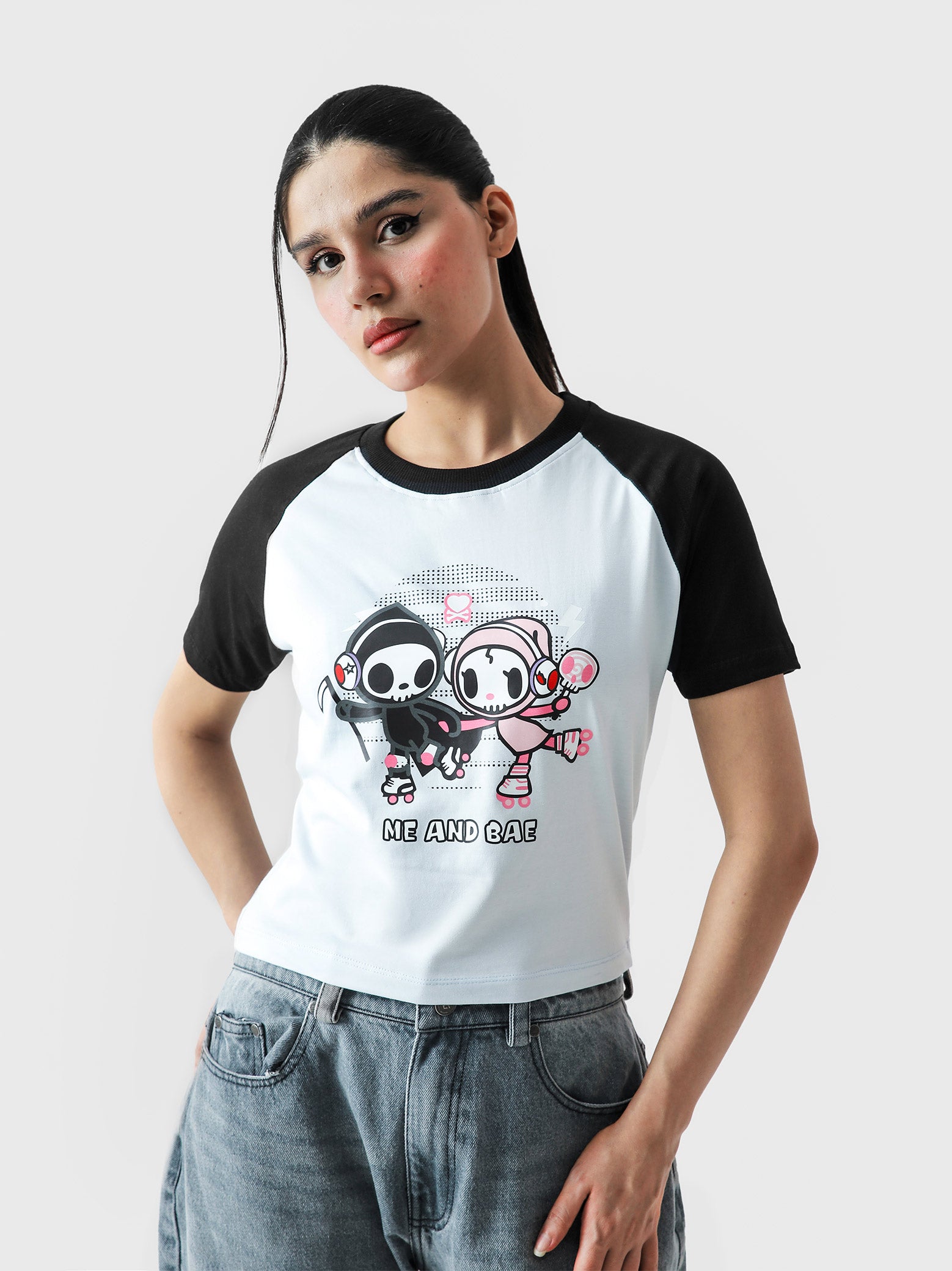 Me and Bae baby tee female model full body front view cartoon graphic crop Pakistan – GROOVY