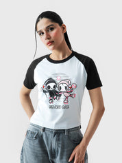 Me and Bae baby tee female model full body front view cartoon graphic crop Pakistan – GROOVY