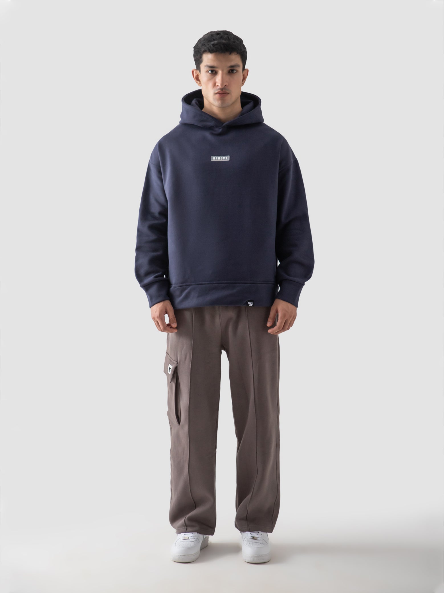 Navy blue oversized hoodie male model full body front view Pakistan – GROOVY