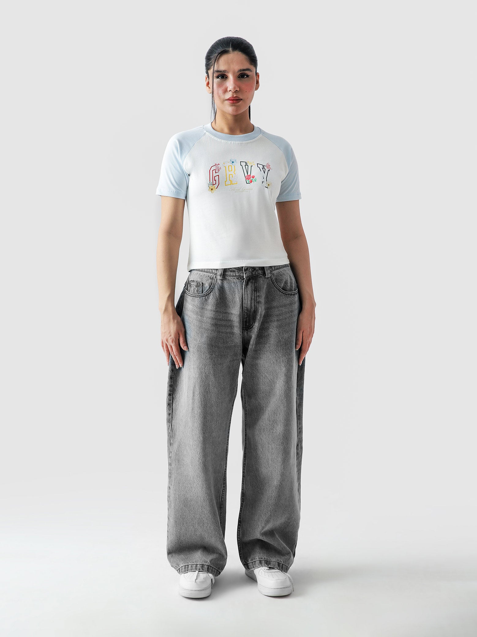 GRVY Flowers babytee female model full body front view Pakistan – GROOVY
