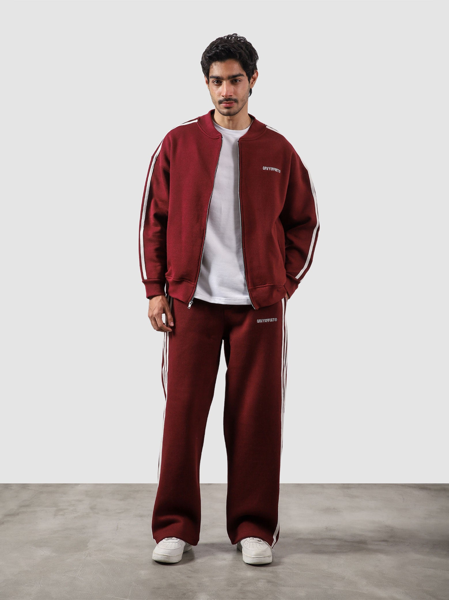 Heritage Top wine red male model full body front view track jacket contrast stripe Pakistan – GROOVY