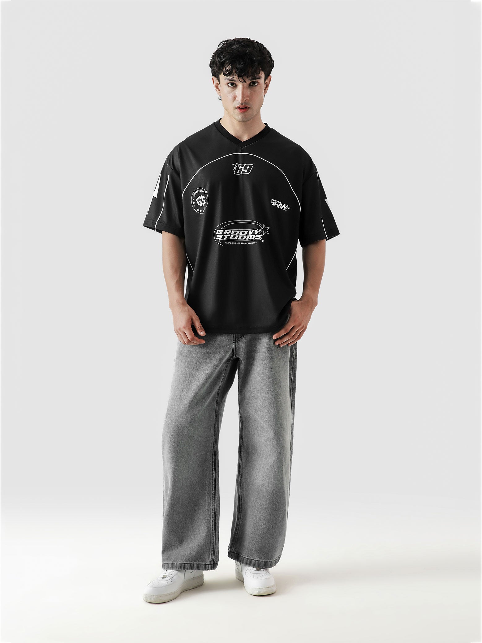69 Baller Jersey black male model full body front view oversized mesh Pakistan – GROOVY