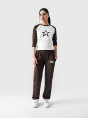 Y2K Star baby tee female model full body front view contrast raglan Pakistan – GROOVY