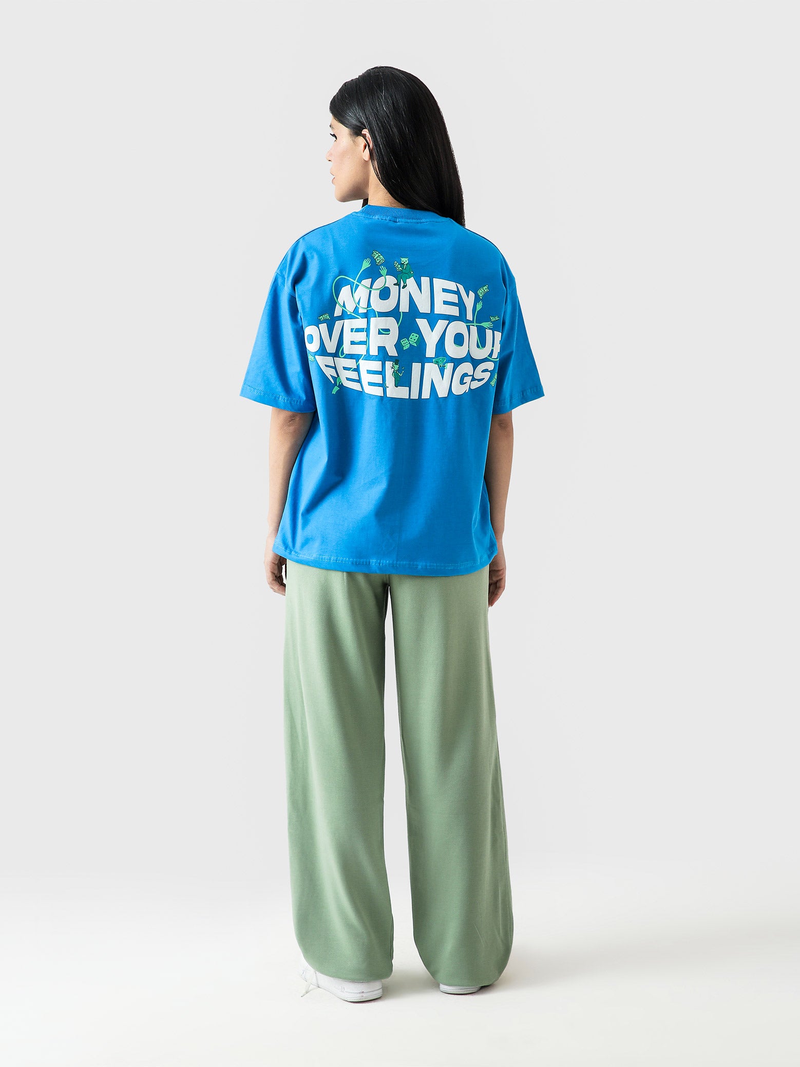 Money Over Your Feelings tee male model full body front view bold blue graphic Pakistan – GROOVY