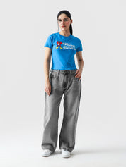 Process baby tee blue female model full body front view graphic crop Pakistan – GROOVY