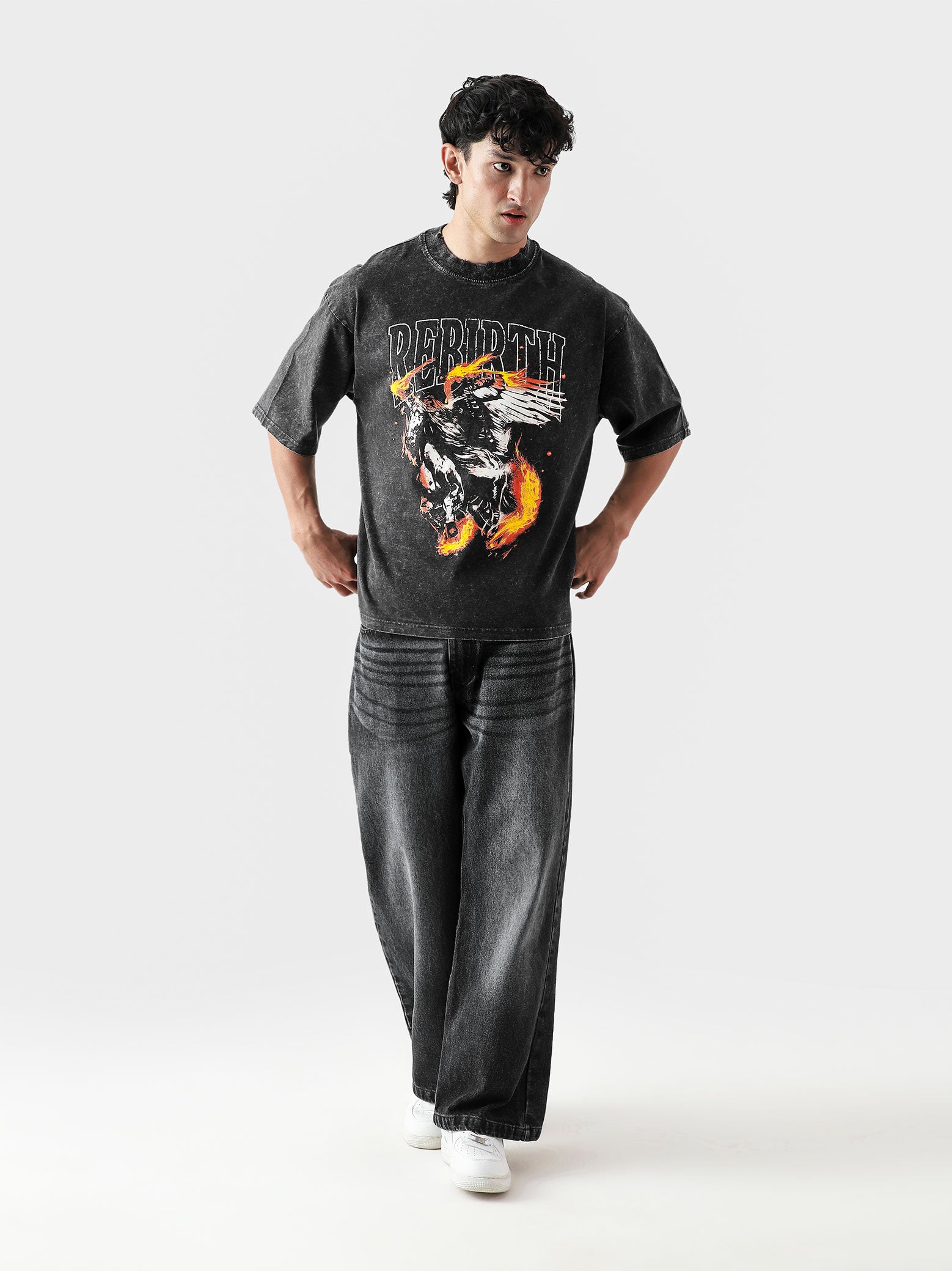 REBIRTH acid washed oversized tee male model full body front view Pakistan – GROOVY