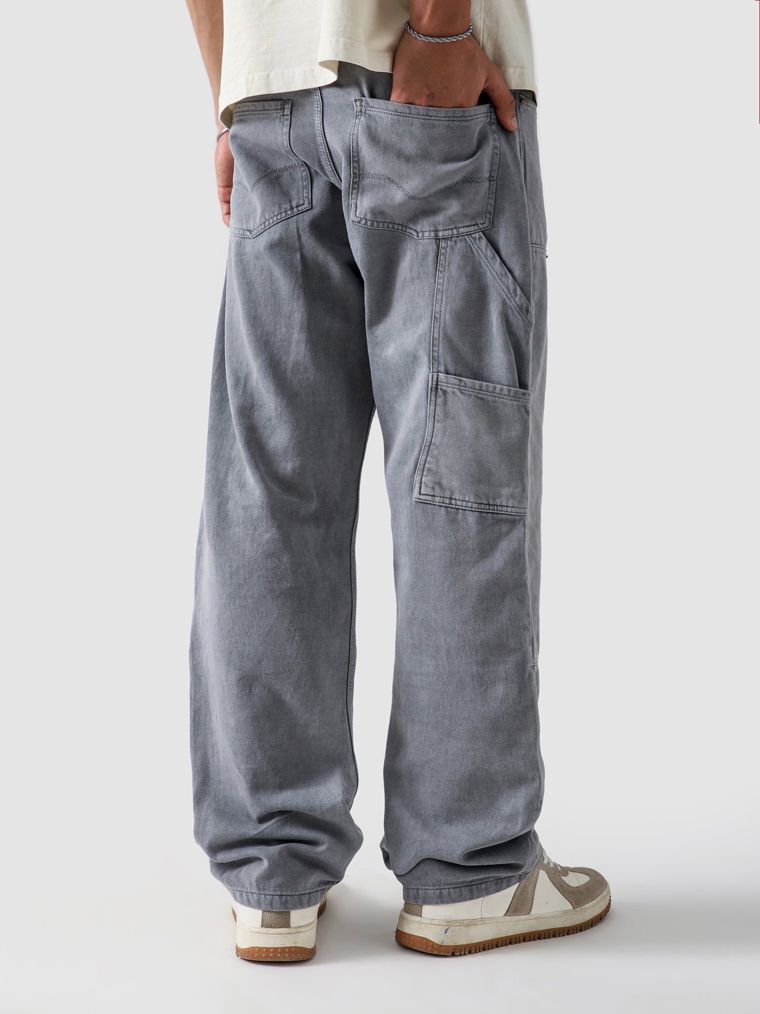 Light grey carpenter denim male model front view relaxed fit Pakistan – GROOVY