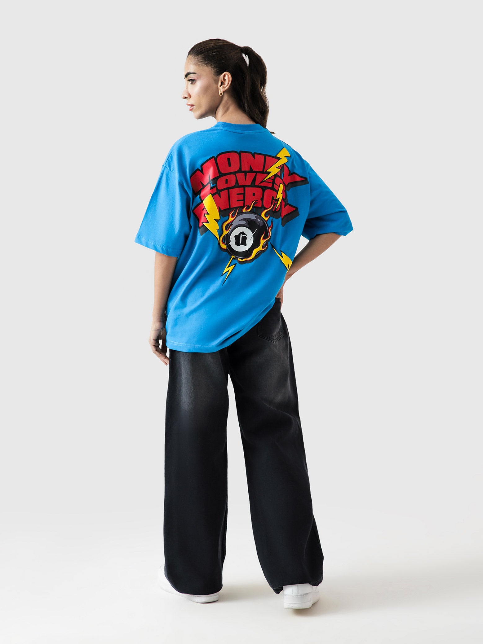 MONEY LOVES ENERGY tee male model full body front view electric blue Pakistan – GROOVY