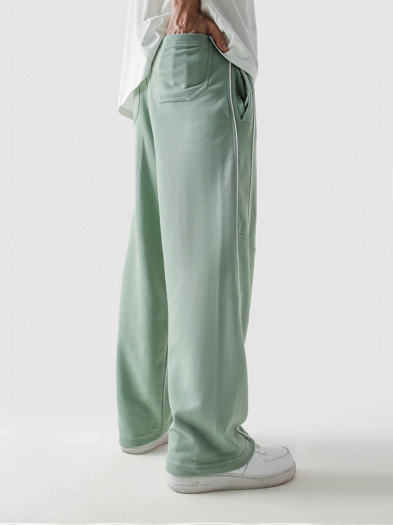 Piping trouser sage green male model full body front view contrast detail Pakistan – GROOVY