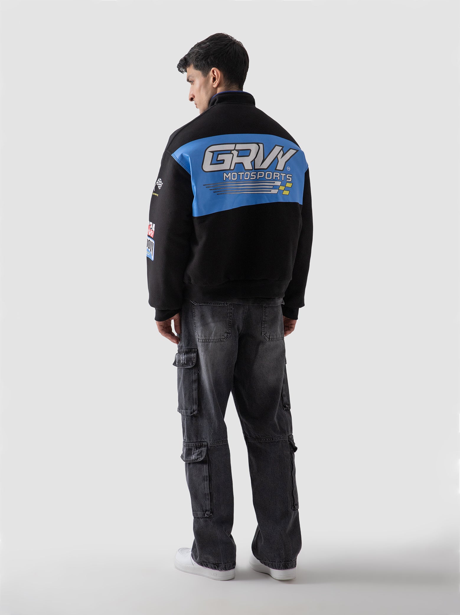 Racer jacket product shot black fleece moto outerwear Pakistan – GROOVY