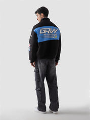 Racer jacket product shot black fleece moto outerwear Pakistan – GROOVY
