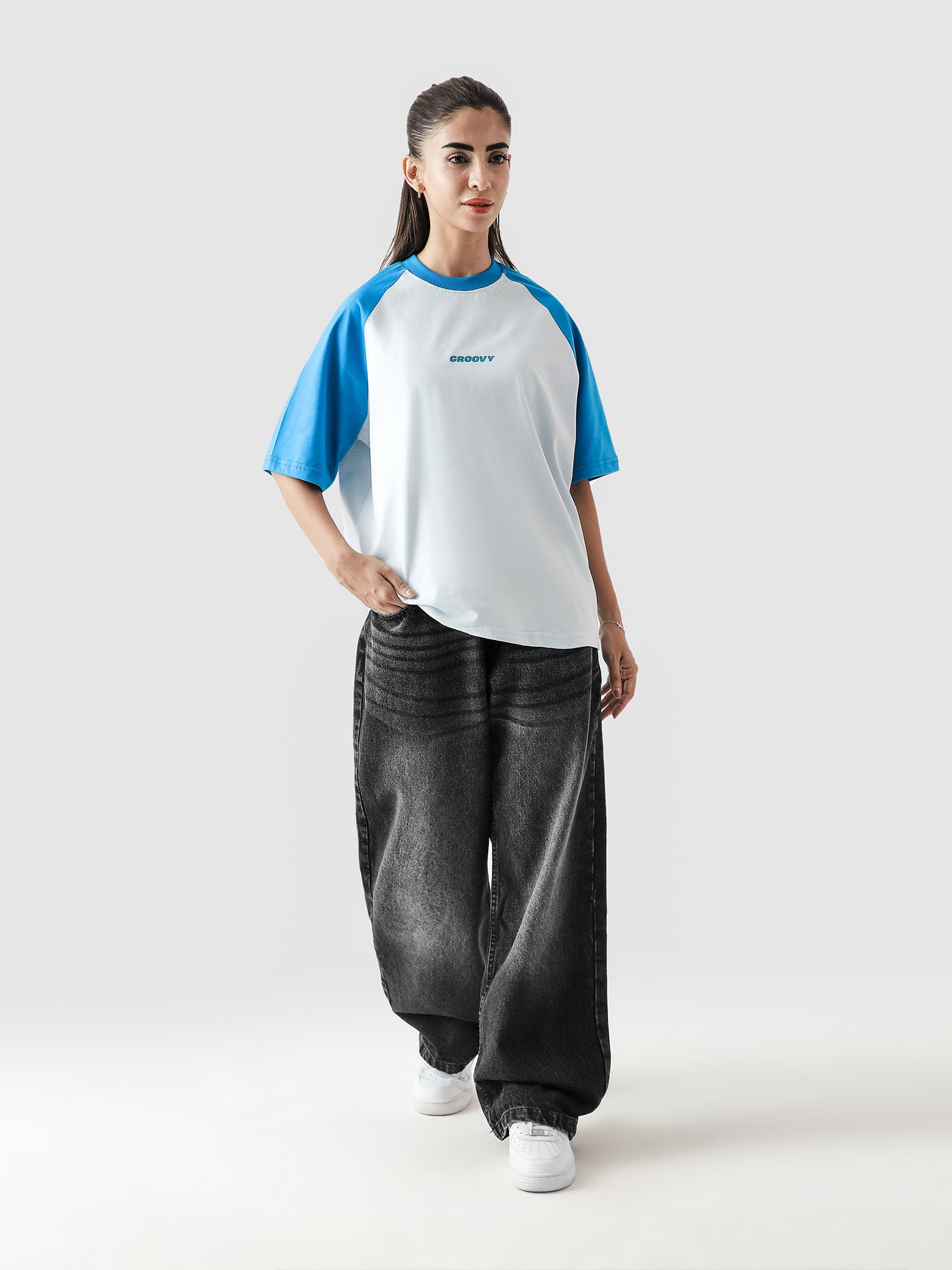 CORE tees electric blue raglan male model full body front view Pakistan – GROOVY