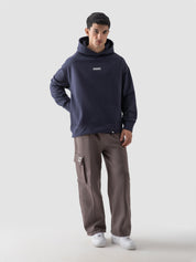 Navy blue hoodie male model back view oversized 460 GSM cotton Pakistan – GROOVY