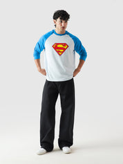 Superman full sleeves tee male model back view raglan blue sleeves Pakistan – GROOVY