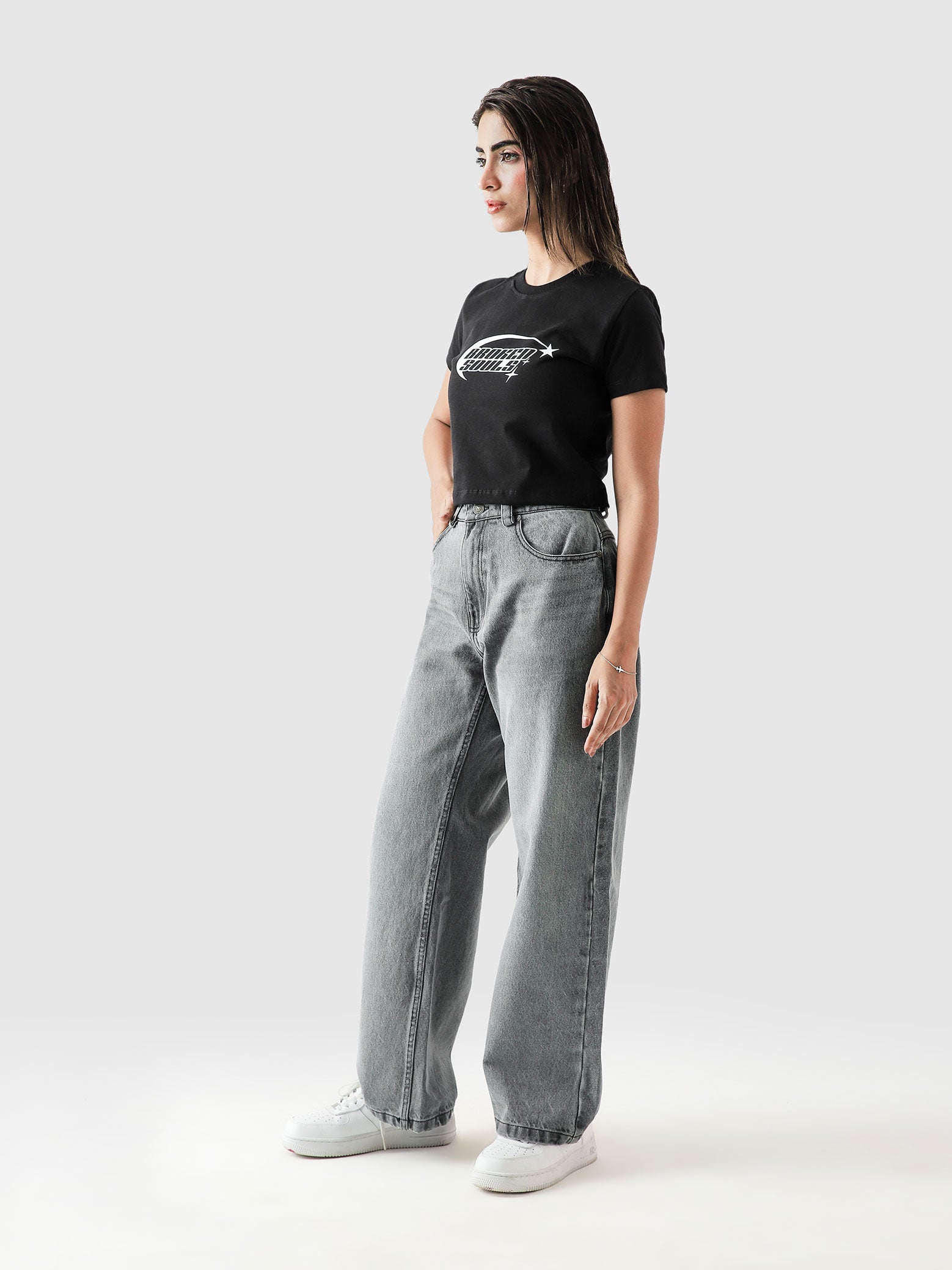Broken Souls babytee female model back view Pakistan – GROOVY