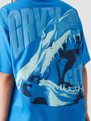 GRVY Shark electric blue tee male model back view Pakistan – GROOVY