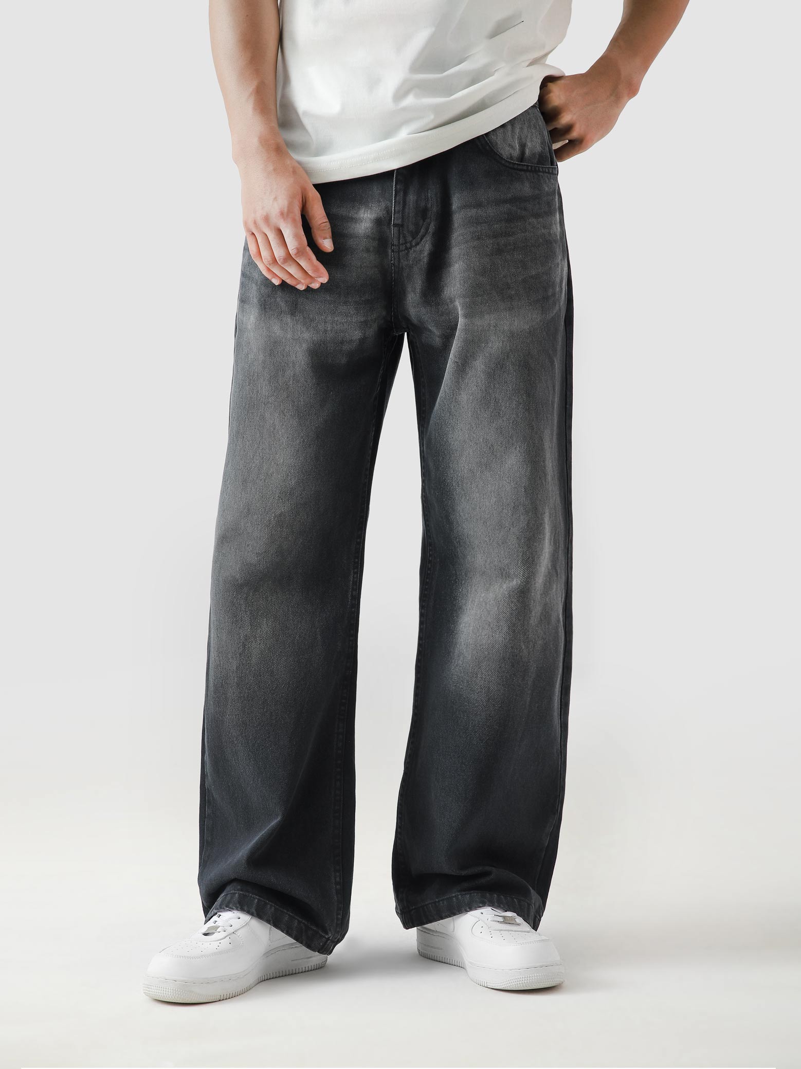 Fade washed denim male model side view full body Pakistan – GROOVY