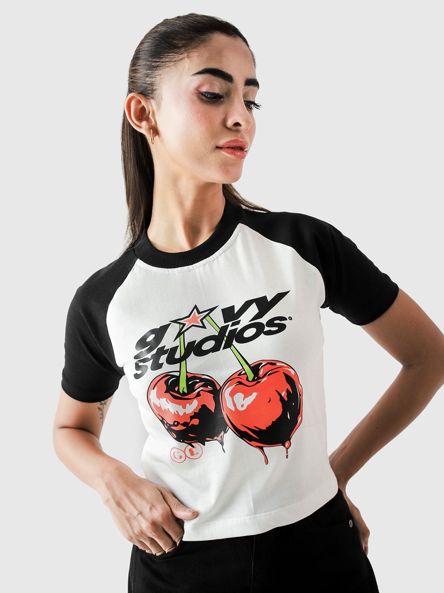 Cherry Babytee female model front view graphic print Pakistan – GROOVY
