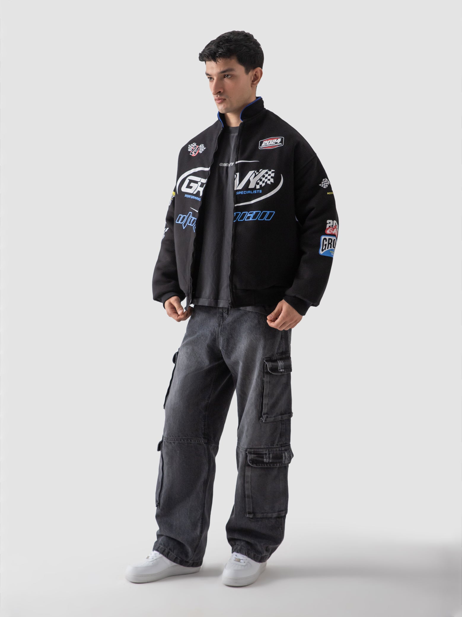 Racer jacket male model side view full body moto streetwear Pakistan – GROOVY