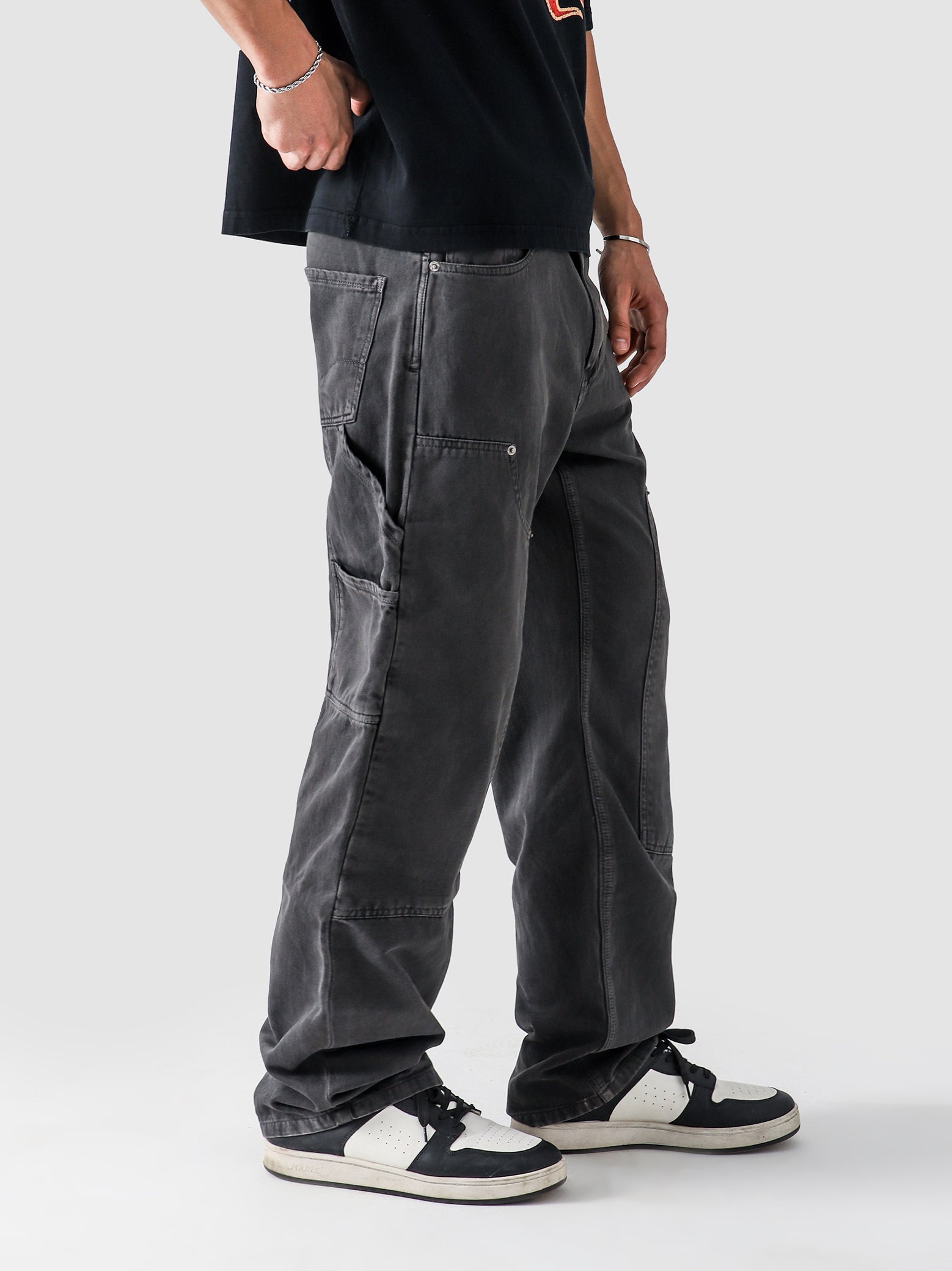 Dark grey carpenter denim male model front view relaxed fit Pakistan – GROOVY