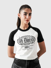 LA baby tee female model back view contrast sleeve crop tee Pakistan – GROOVY