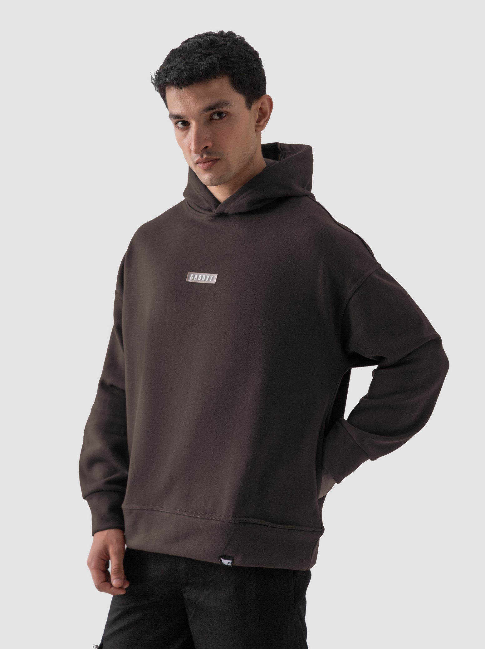 Mocha brown hoodie male model back view oversized 450 GSM cotton Pakistan – GROOVY