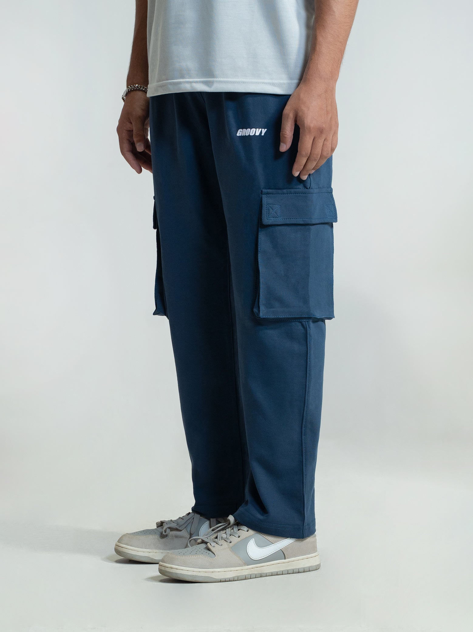 Deep Blue Terry Cargo Trousers Male Model Front View – GROOVY Pakistan