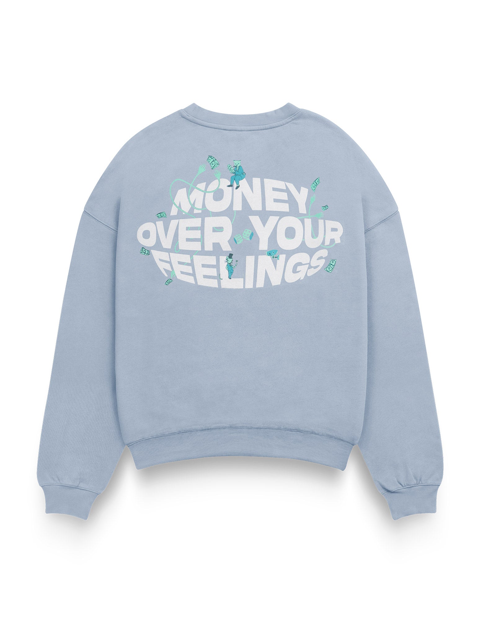 Ice Blue Sweatshirt Male Model Front View – Money Over Your Feelings – GROOVY Pakistan
