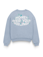 Ice Blue Sweatshirt Male Model Front View – Money Over Your Feelings – GROOVY Pakistan