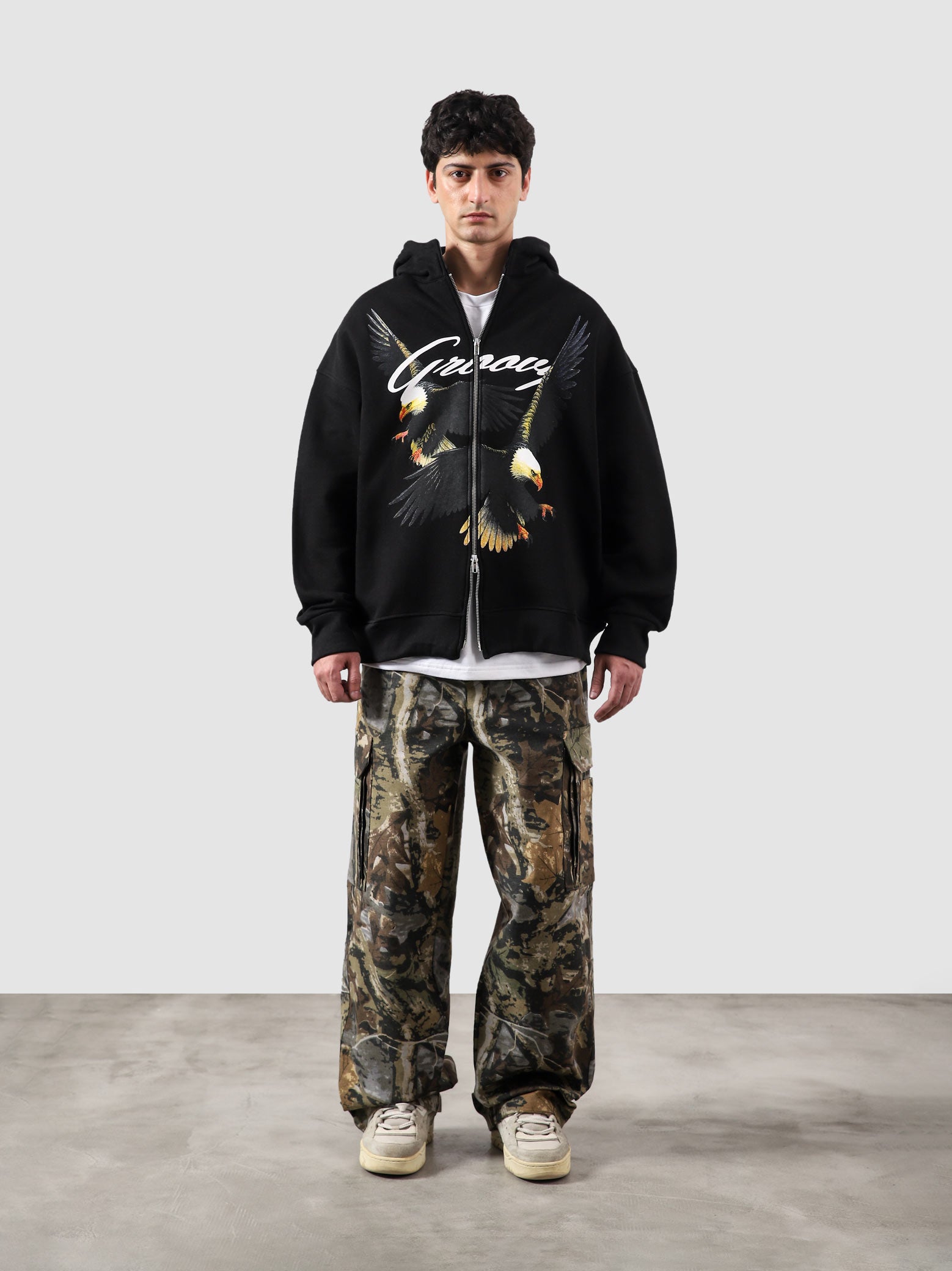 Flying Predator zipper hoodie male model back view eagle graphic print Pakistan – GROOVY
