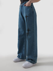 Cross star blue denim detail closeup cross print hardware Pakistan – GROOVY