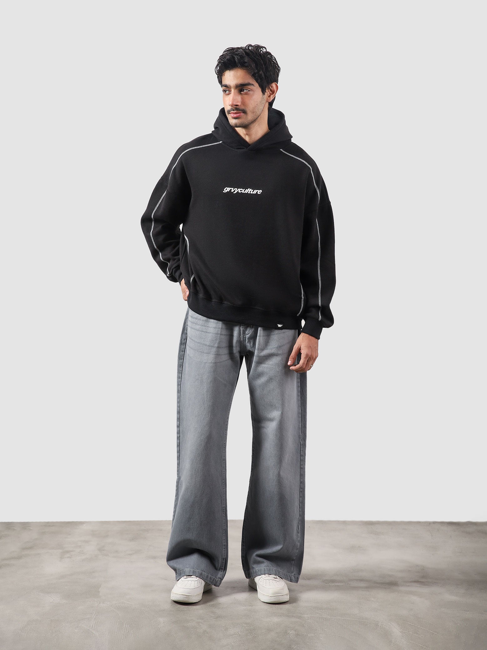 5 Way Stitch Hoodie male model back view 5 panel contrast stitch Pakistan – GROOVY