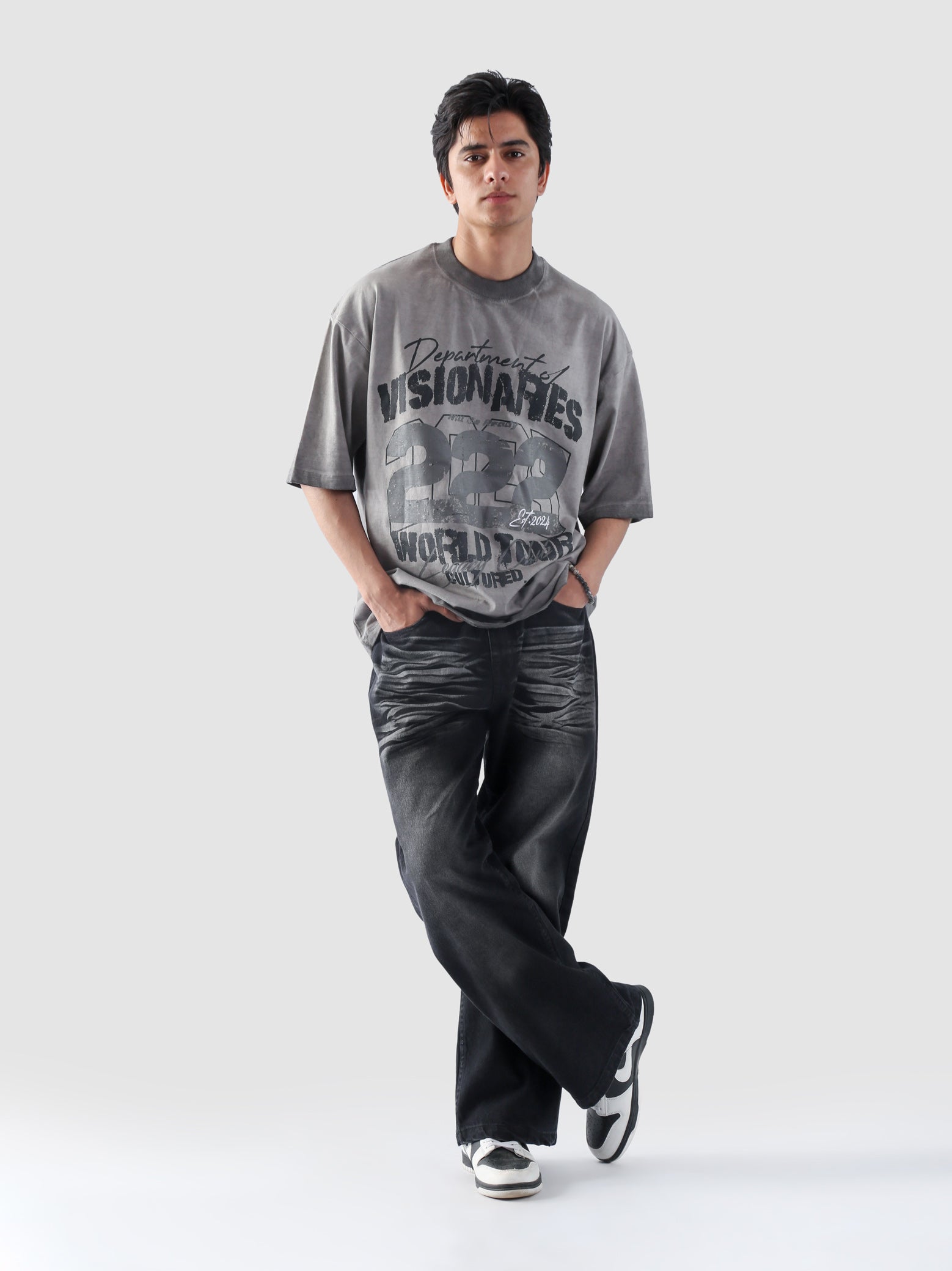Dept of Visionaries tee male model back view oil fade 222 WORLD TOUR print Pakistan – GROOVY