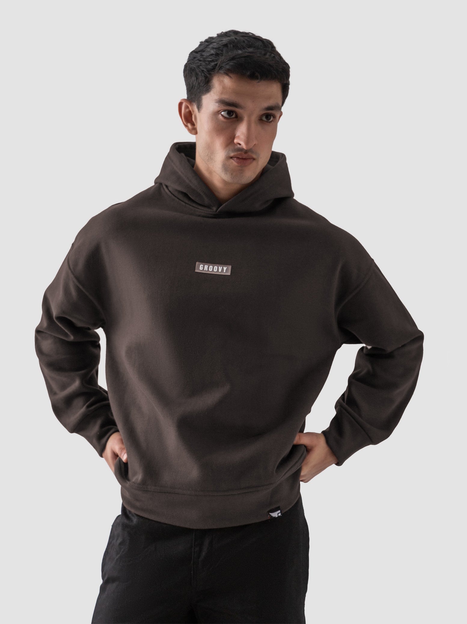 Mocha brown oversized hoodie male model side view full body Pakistan – GROOVY
