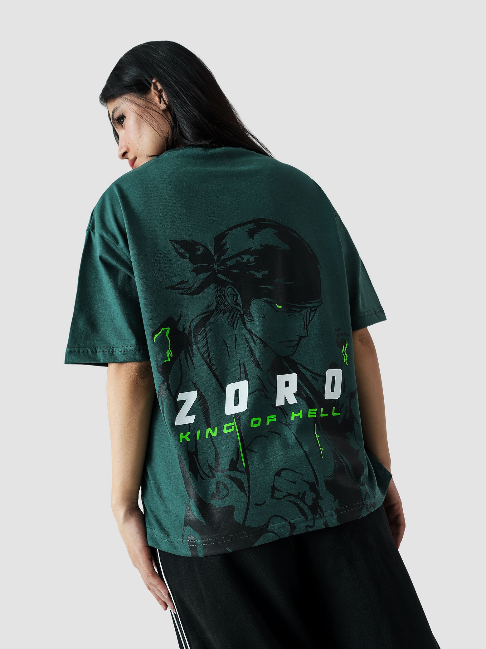ZORO One Piece tee male model side angle racing green oversized Pakistan – GROOVY
