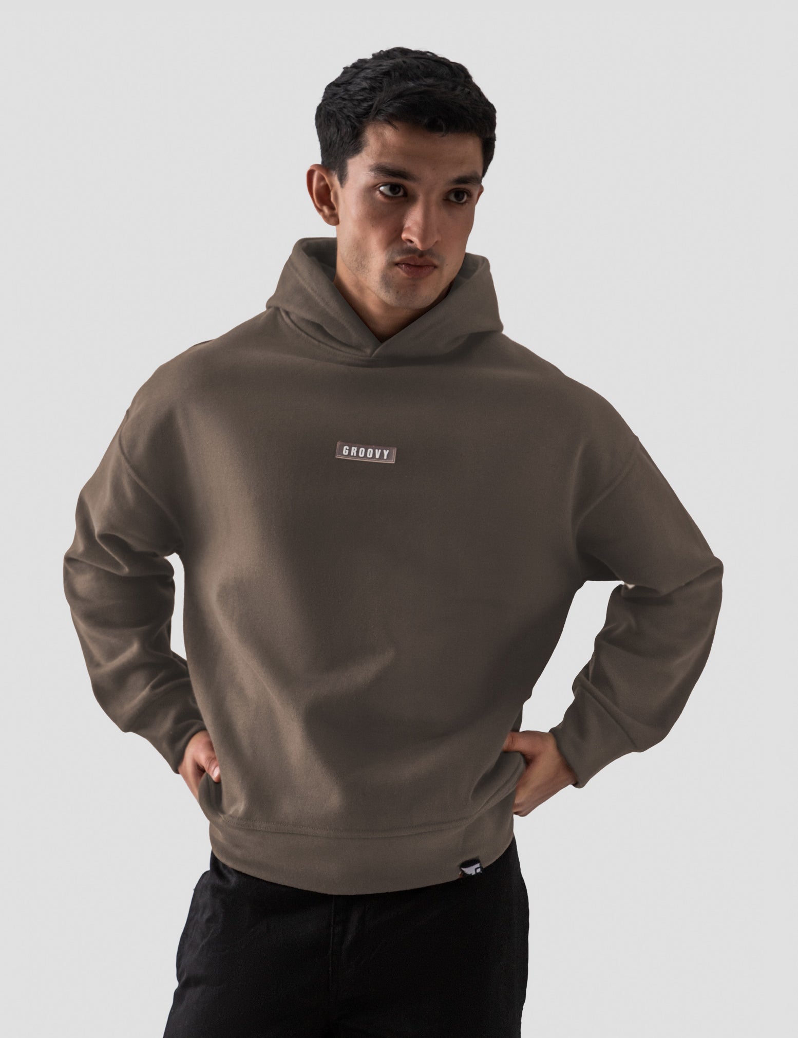 Camel brown oversized hoodie male model side view full body Pakistan – GROOVY