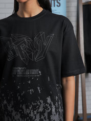 Close-up of GRVY front graphic and motivational quote “Keep That Same Energy” on black heavy-weight streetwear t-shirt.